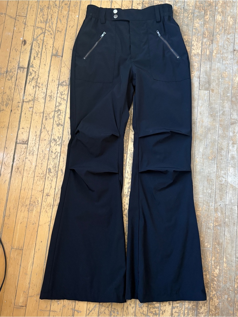 Flared Utility Pants Snap Front Zipper Pockets Knee Paneled Seam Size Small